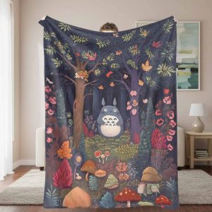 Totoro Flannel Blanket, Enchanted Forest Print Pattern, Super Soft, Warm and Cozy, Lightweight Feature, Perfect for Sofa, Bed, Travel, Camping, and as a Thoughtful Gift for Nature and Animation Lovers.