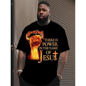 Men's Cotton There Is Power In The Name Of Jesus Flame Fist Print Short Sleeve Tee