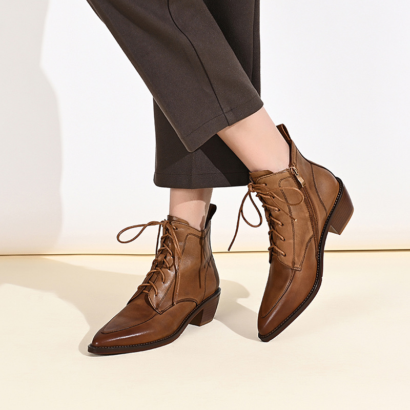 Retro French pointed-toe short boots for women's middle heel lace-up Martin boots for autumn and winter women's boots thick heel soft leather ankle boots